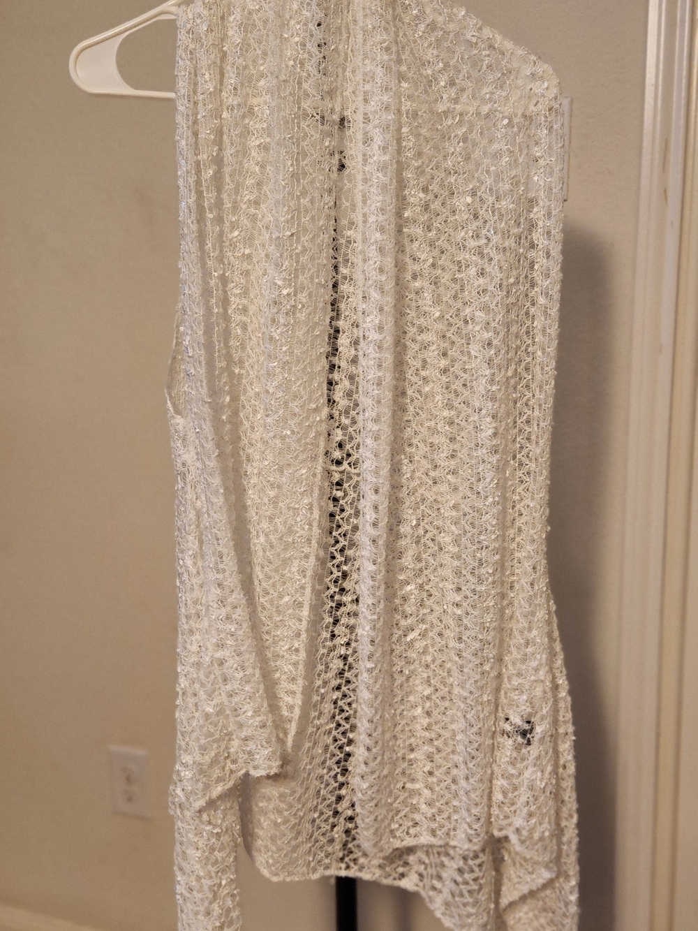 Kaktus White Open Knit Crochet Long Duster Vest Boho Asymmetrical